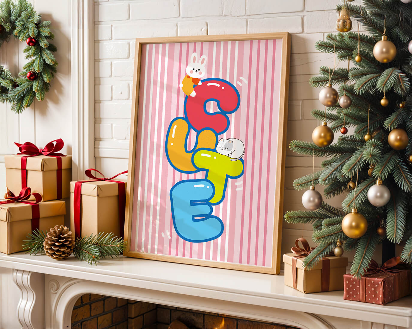 Playful cute illustration with bunny and kitten on colorful letters