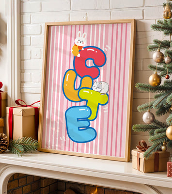 Playful cute illustration with bunny and kitten on colorful letters