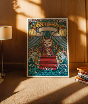 Illustration of a whimsical animal playing a stringed instrument in a fantastical setting