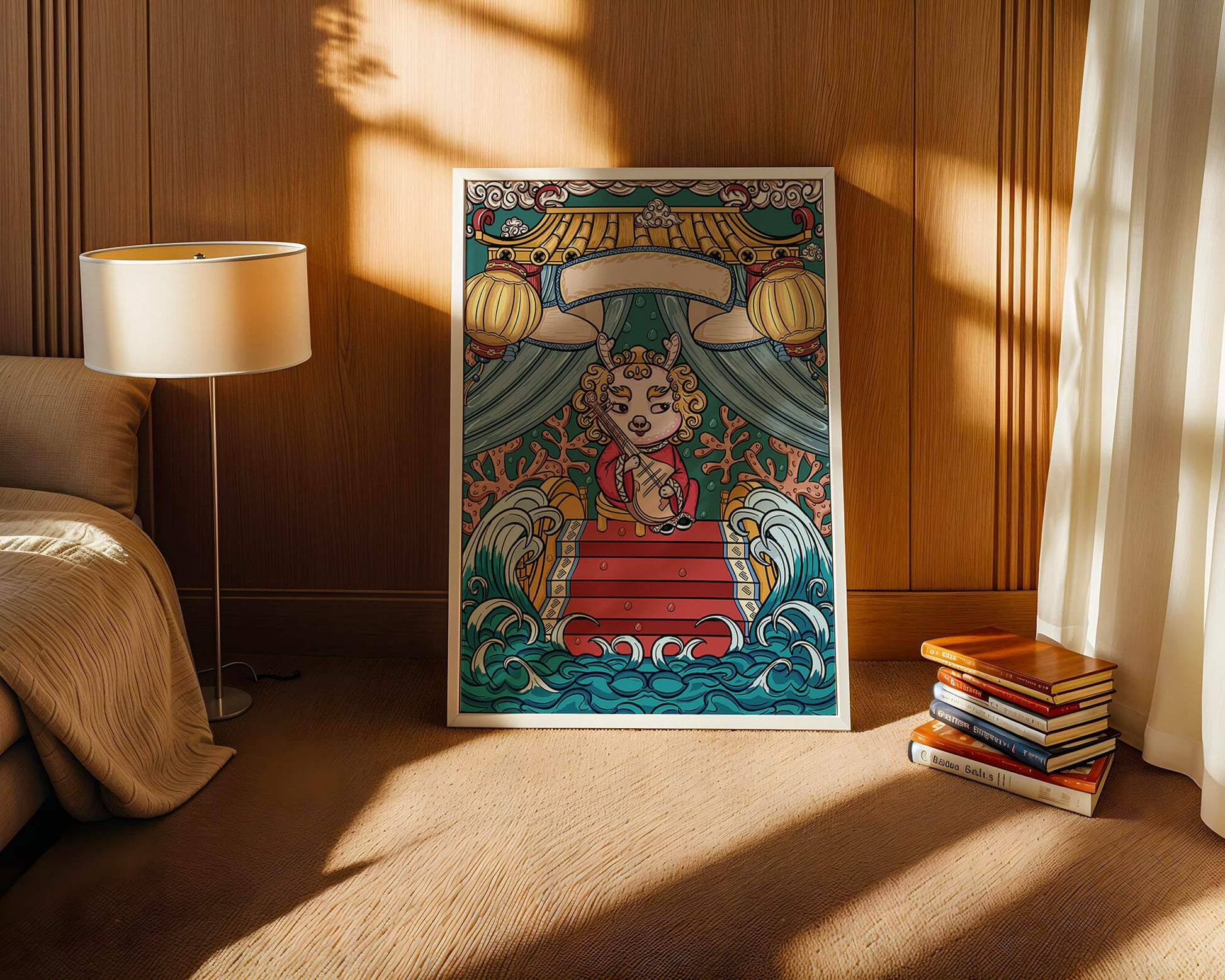 Illustration of a whimsical animal playing a stringed instrument in a fantastical setting