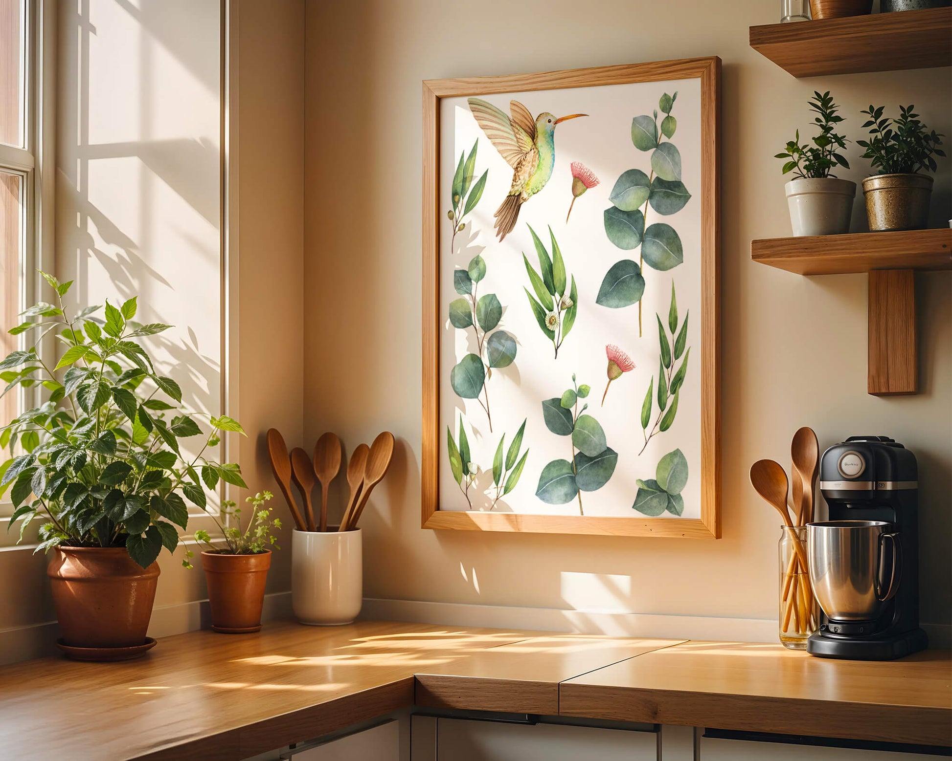 Watercolor hummingbird and eucalyptus leaves illustration