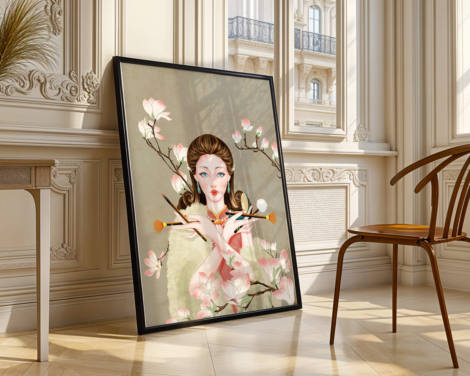 Elegant woman with makeup tools amidst blooming magnolia branches