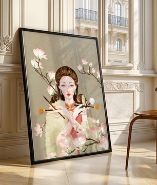 Femme élégante avec des outils de maquillage parmi des branches de magnolia en fleurs
