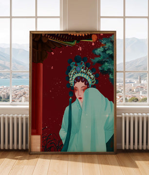 Traditional Asian art with elegant woman in traditional attire