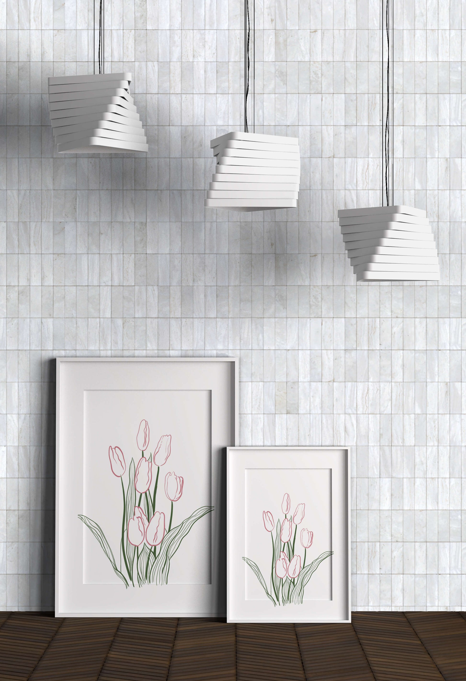 Wunderschöne rosa Tulpen mit grünen Blättern auf einer minimalistischen Leinwand