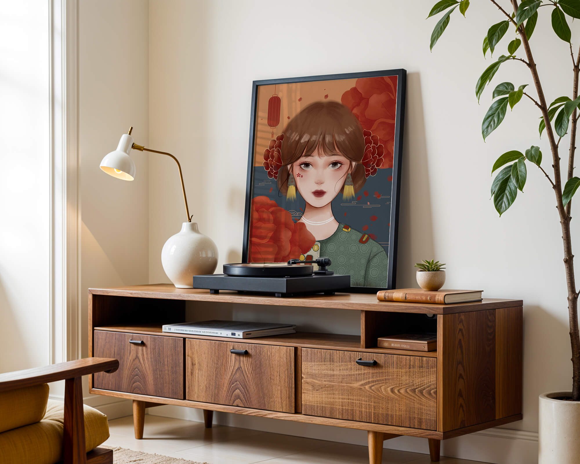 Illustration of a woman adorned with floral elements and traditional accessories