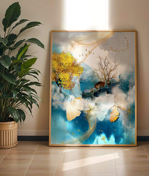 Surreal Nature Scene with Elephants and Golden Leaves