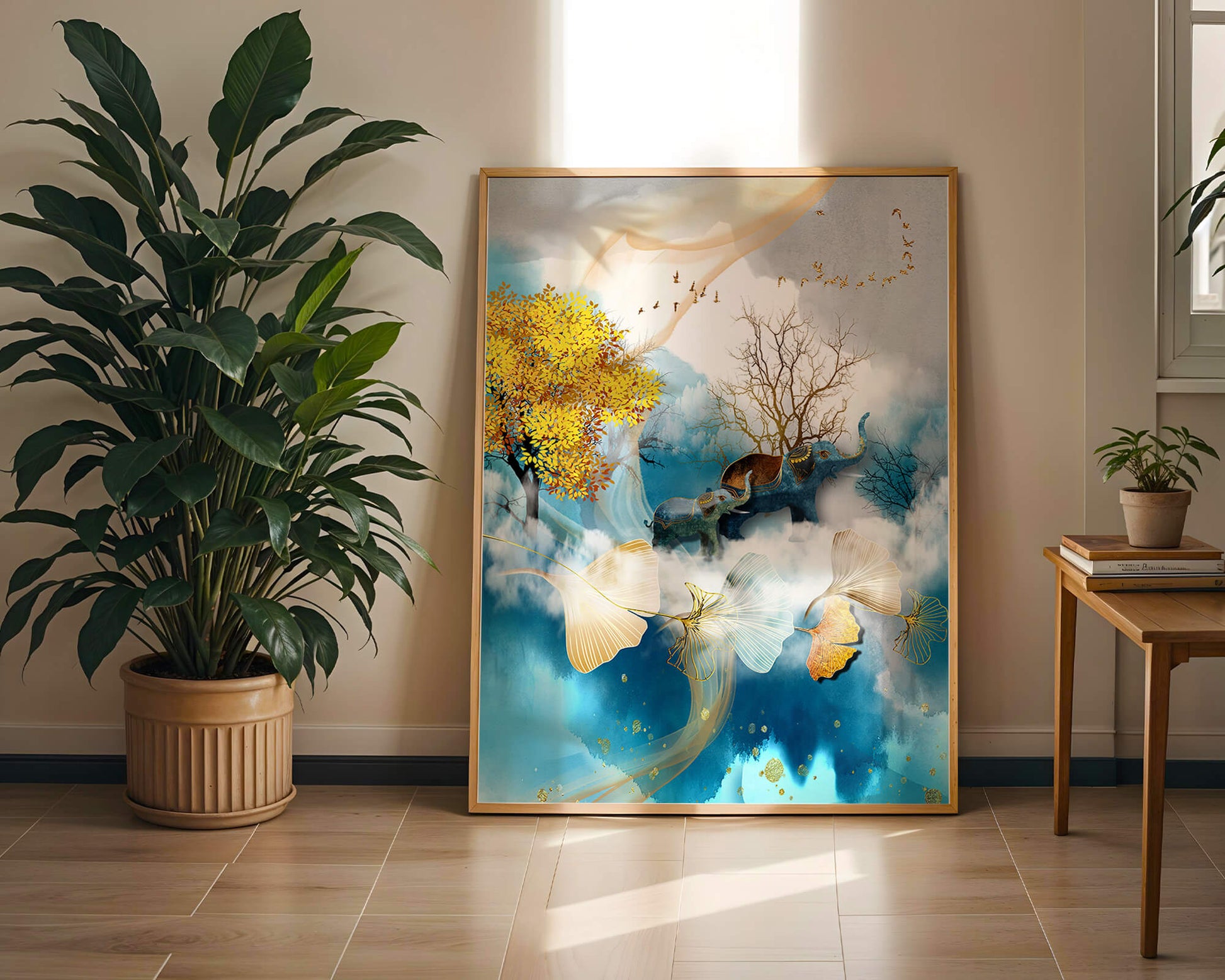 Escena surrealista de la naturaleza con elefantes y hojas doradas