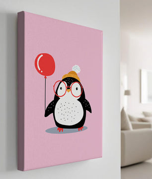 Ilustración adorable de un pingüino con globo y gafas