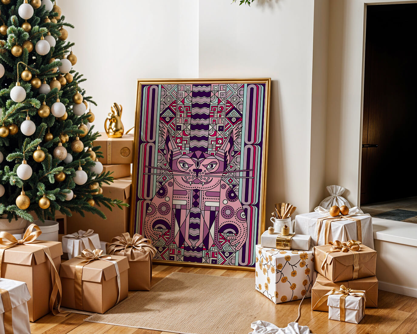 Geometric Art Deco Cat with Intricate Patterns