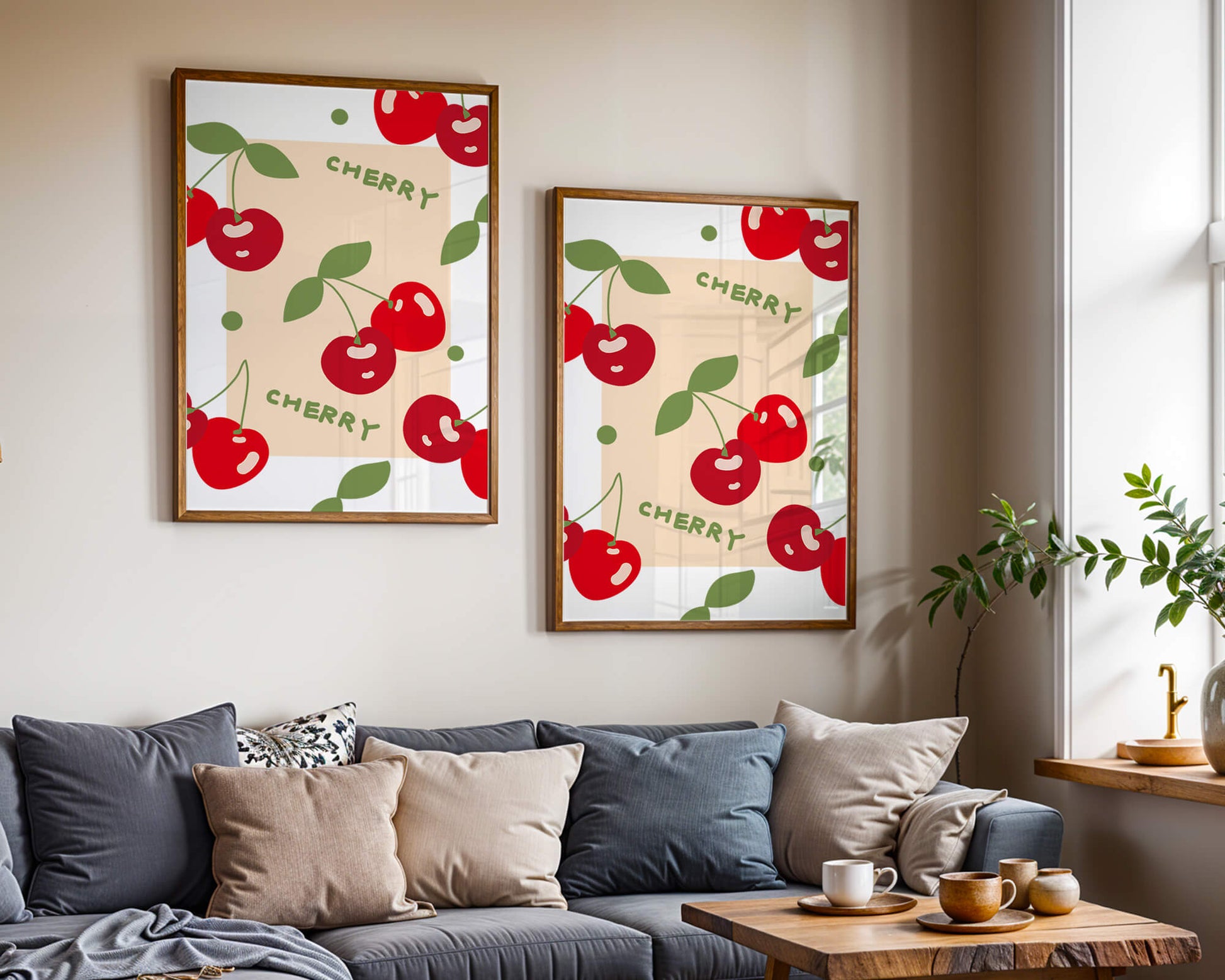 Cherry pattern on black background with green leaves