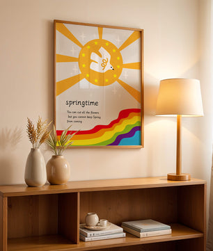 Colorful springtime illustration with dove and rainbow