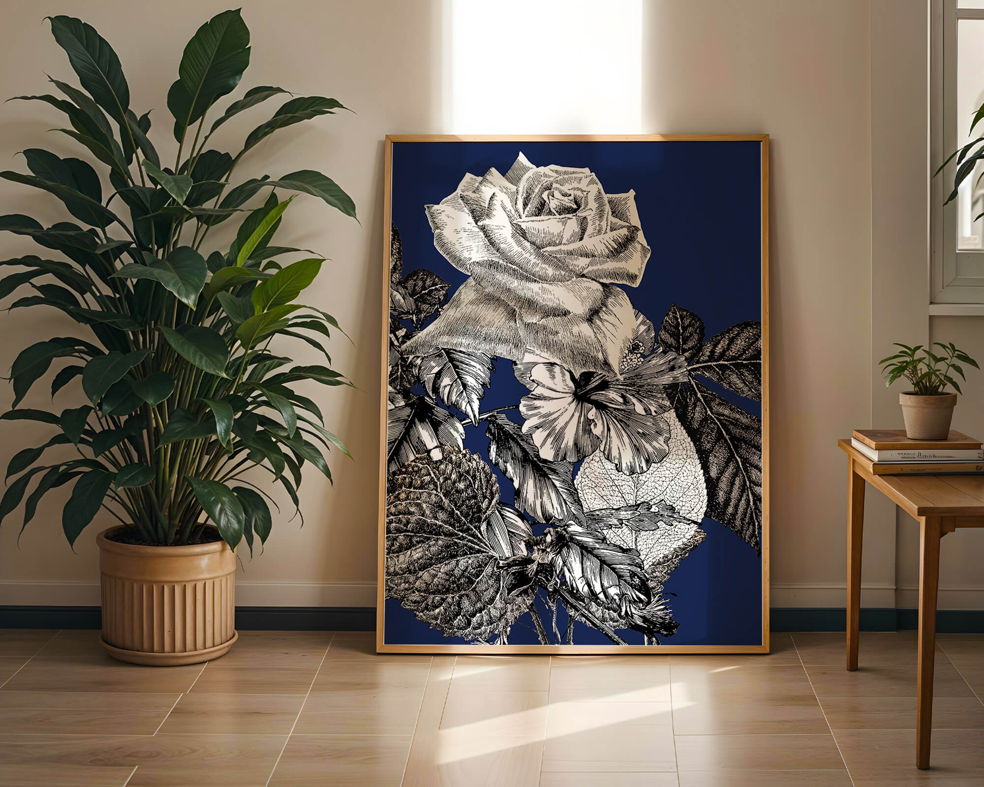 Intricate botanical illustration of roses and foliage on a deep blue background