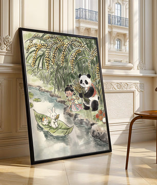 Escena caprichosa con un panda y un conejo junto al río