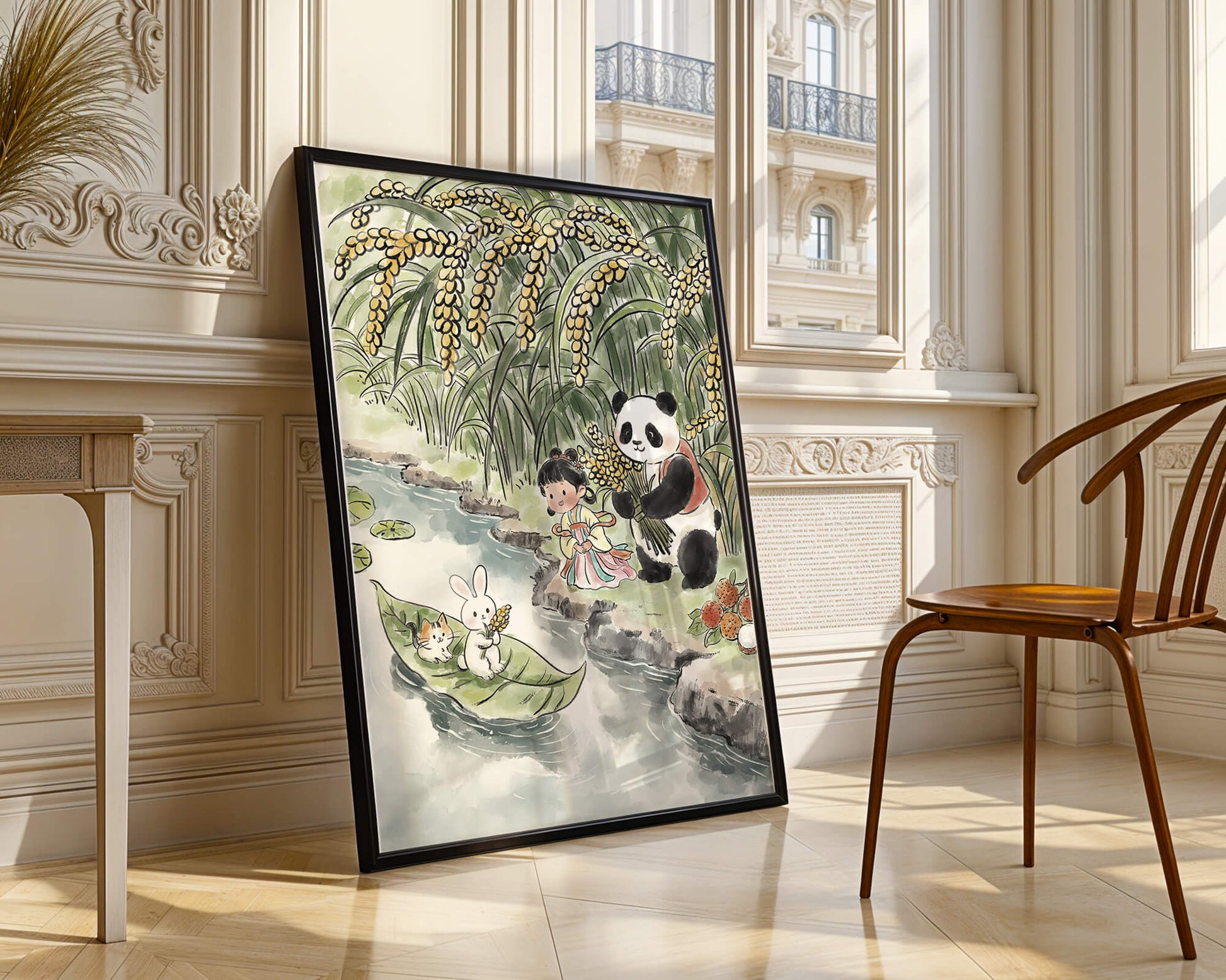 Escena caprichosa con un panda y un conejo junto al río