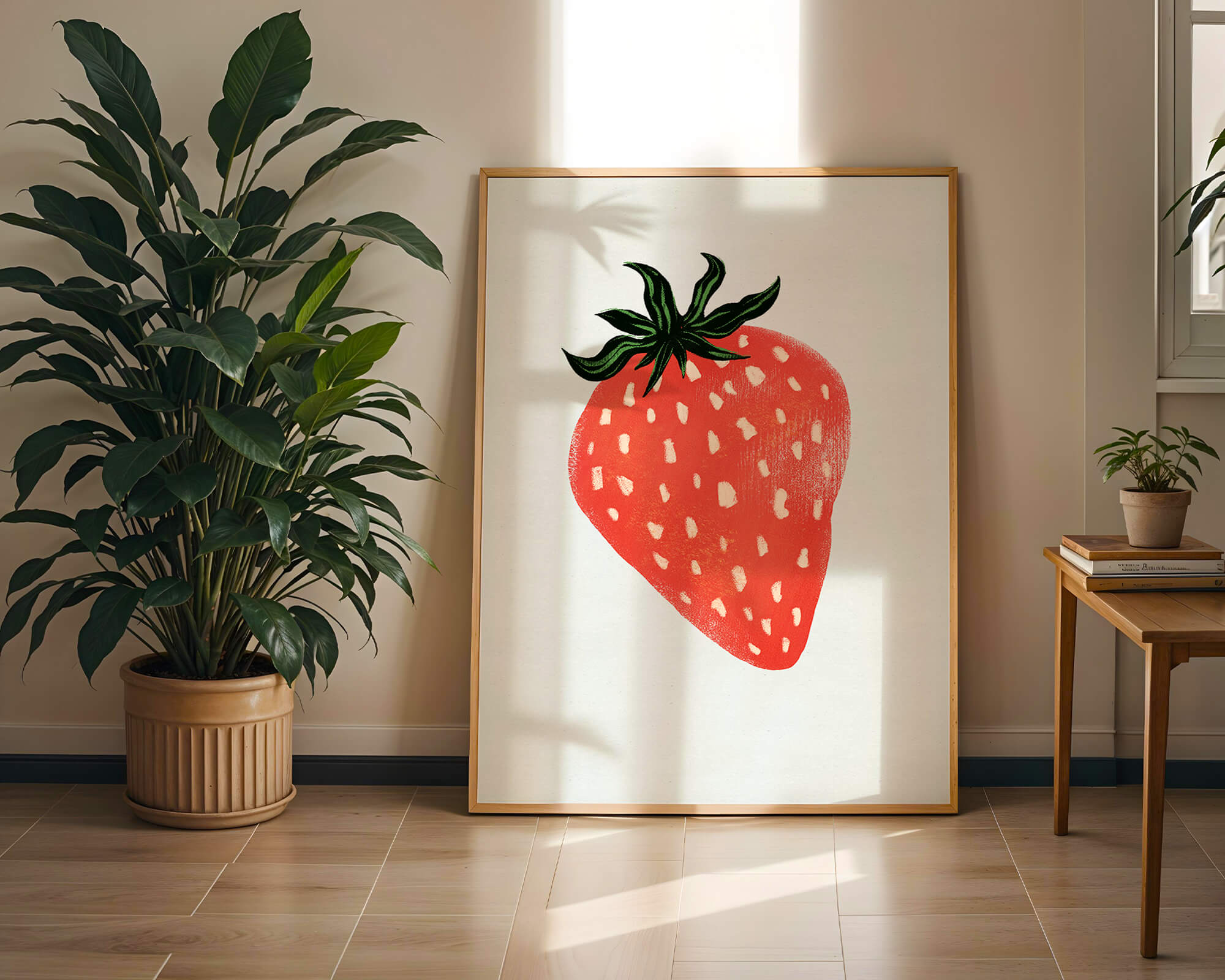 Illustrative design of a vibrant red strawberry with green leaves