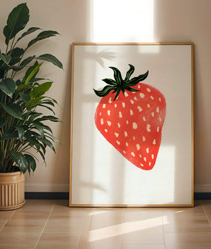 Illustrative design of a vibrant red strawberry with green leaves