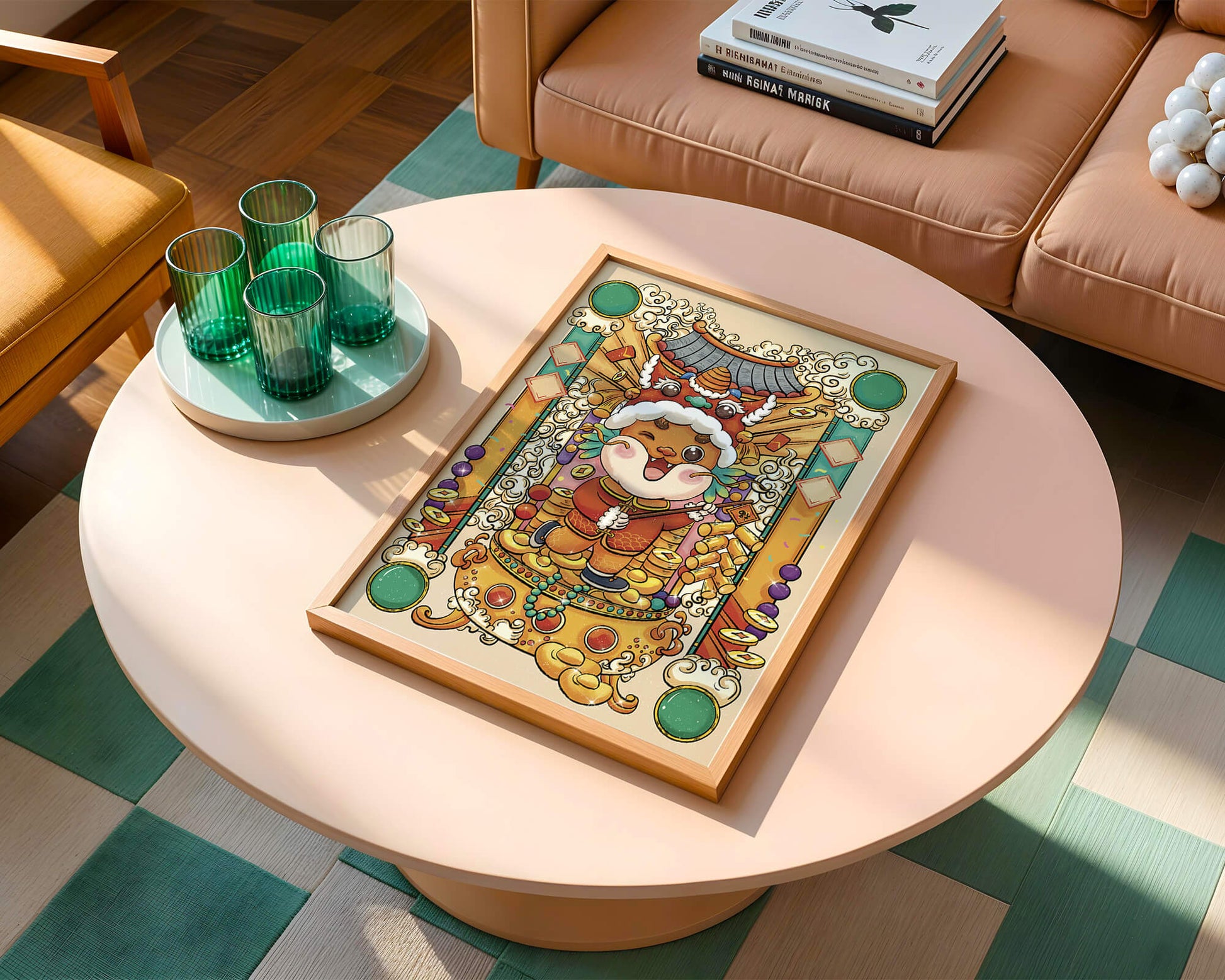 Ilustración colorida de un animal lindo en atuendo festivo tradicional con elementos dorados