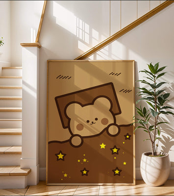 Adorable bear peeking out from a blanket with stars illustration