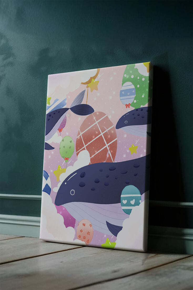 Whimsical illustration of whales and floating stars with colorful eggs