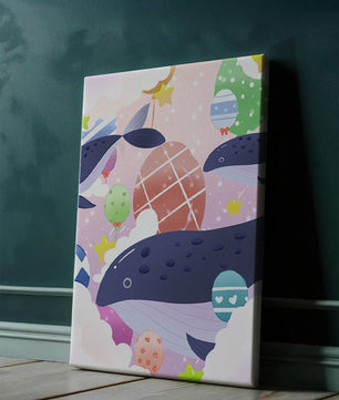 Whimsical illustration of whales and floating stars with colorful eggs