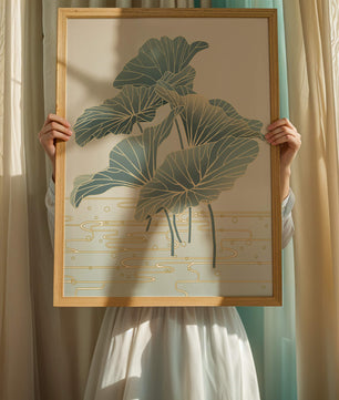 Elegant botanical illustration featuring large leaves with golden accents