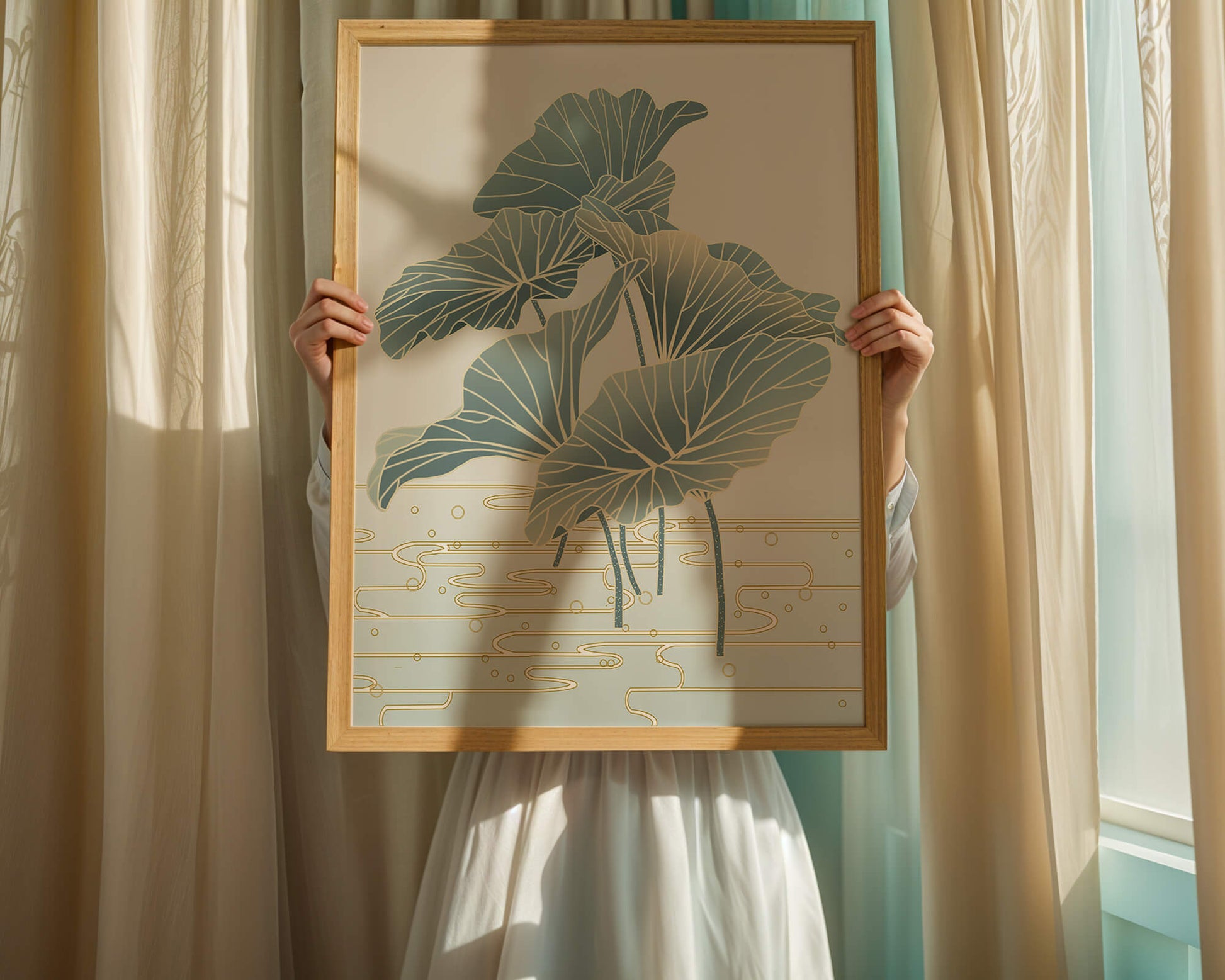 Elegant botanical illustration featuring large leaves with golden accents