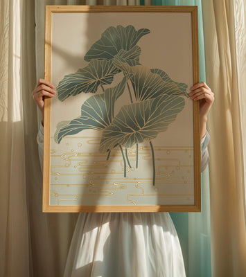 Elegant botanical illustration featuring large leaves with golden accents