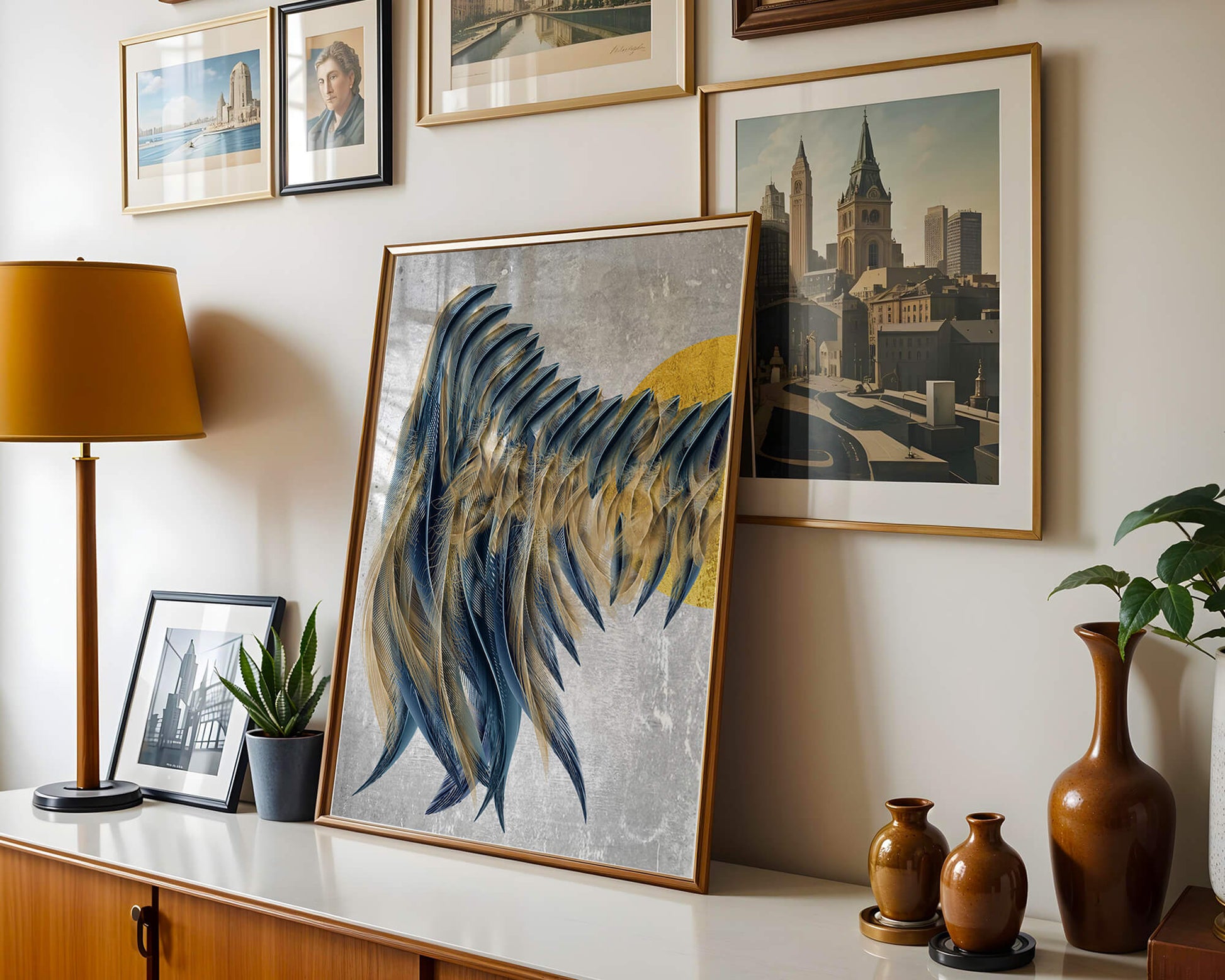 Arte abstracto de plumas con detalles dorados sobre fondo texturizado