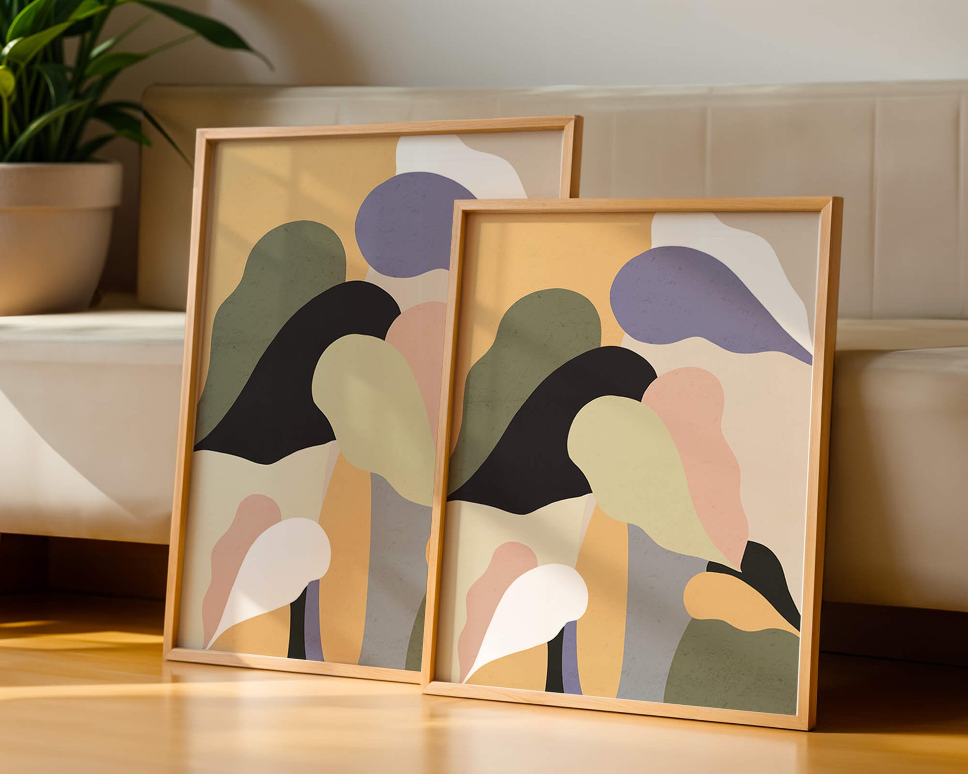 Abstract organic shapes in pastel colors with textured background