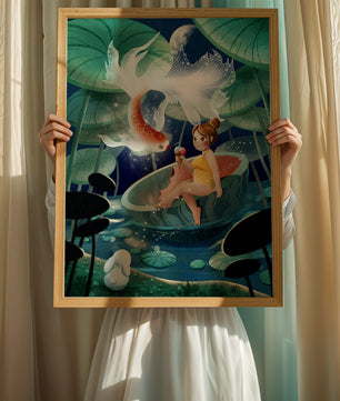 Illustration imaginative d'une fille avec un poisson et un lapin sous des nénuphars illuminés par la lune