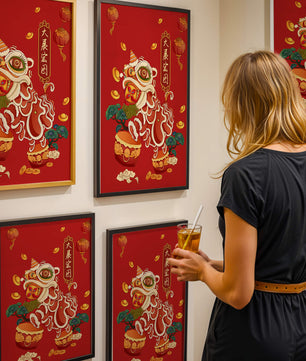 Ilustración de la danza del león china tradicional con elementos festivos