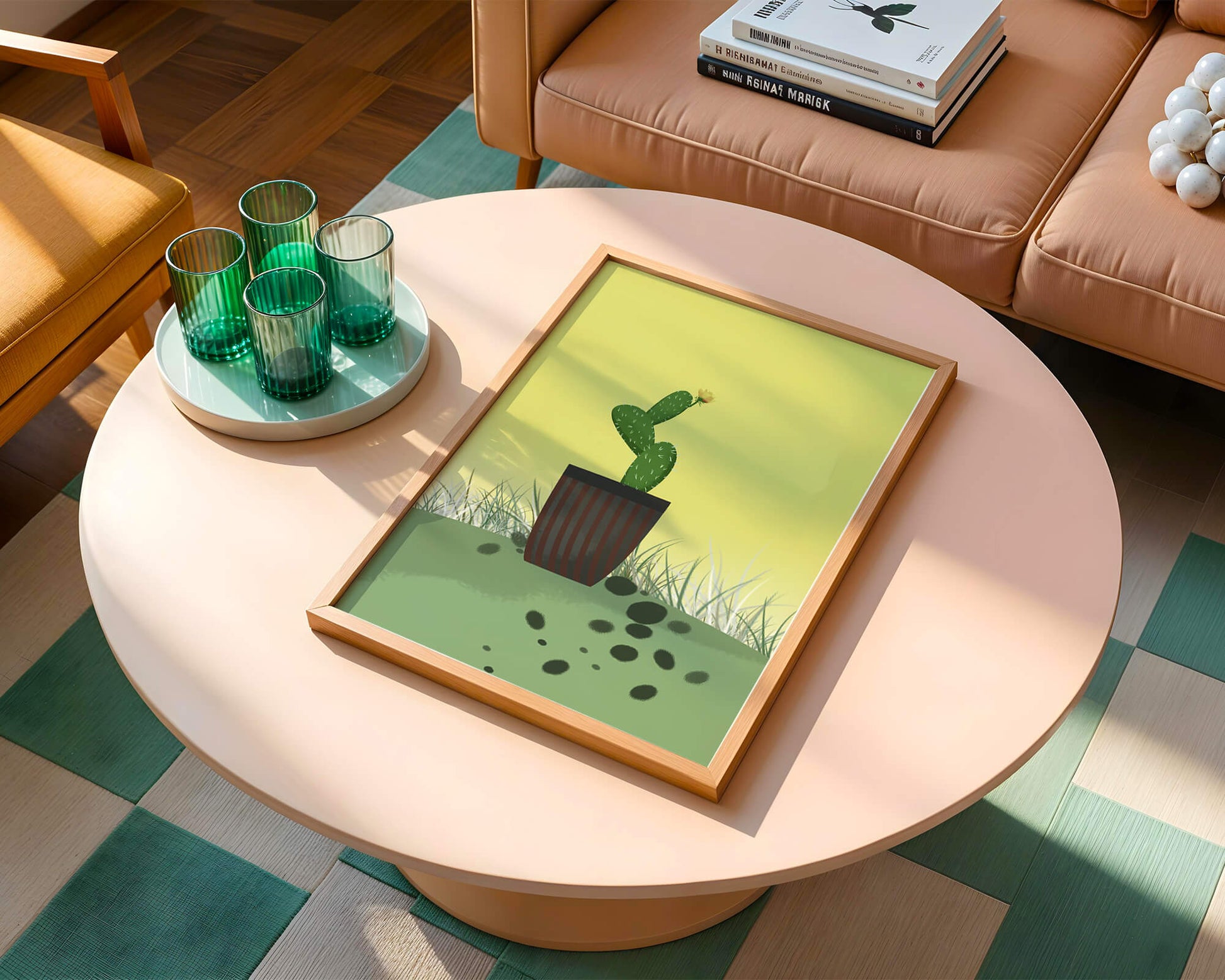 Illustration of a potted cactus with flower on soft background