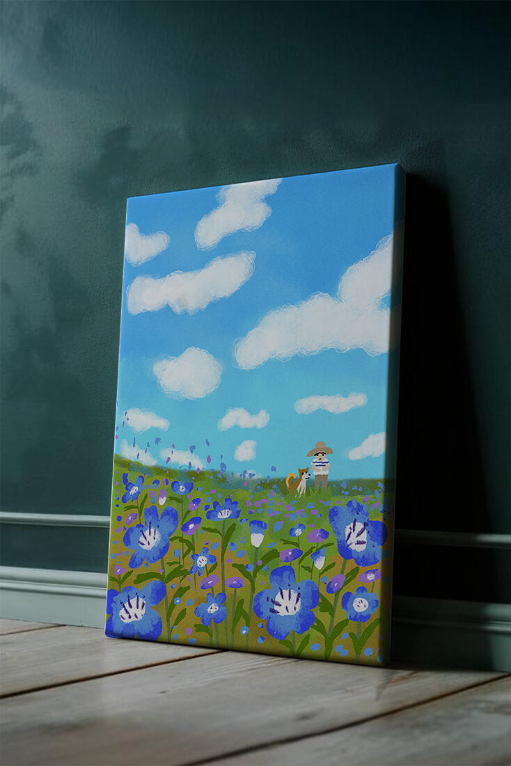 Man and dog in vibrant flower meadow under blue sky