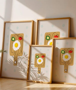 Ilustración de una escena de desayuno con huevo, aguacate y tomate sobre tabla de madera