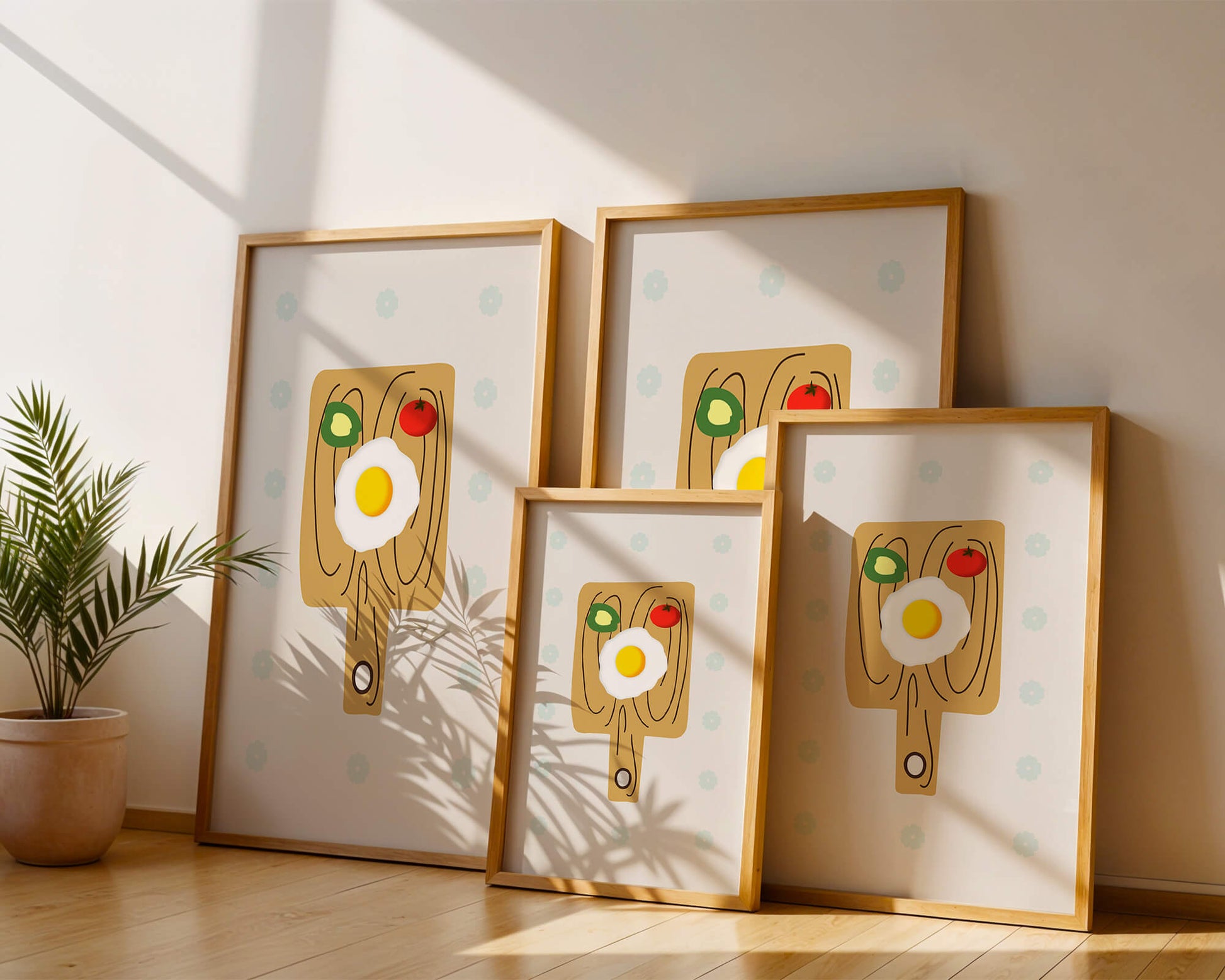 Ilustración de una escena de desayuno con huevo, aguacate y tomate sobre tabla de madera