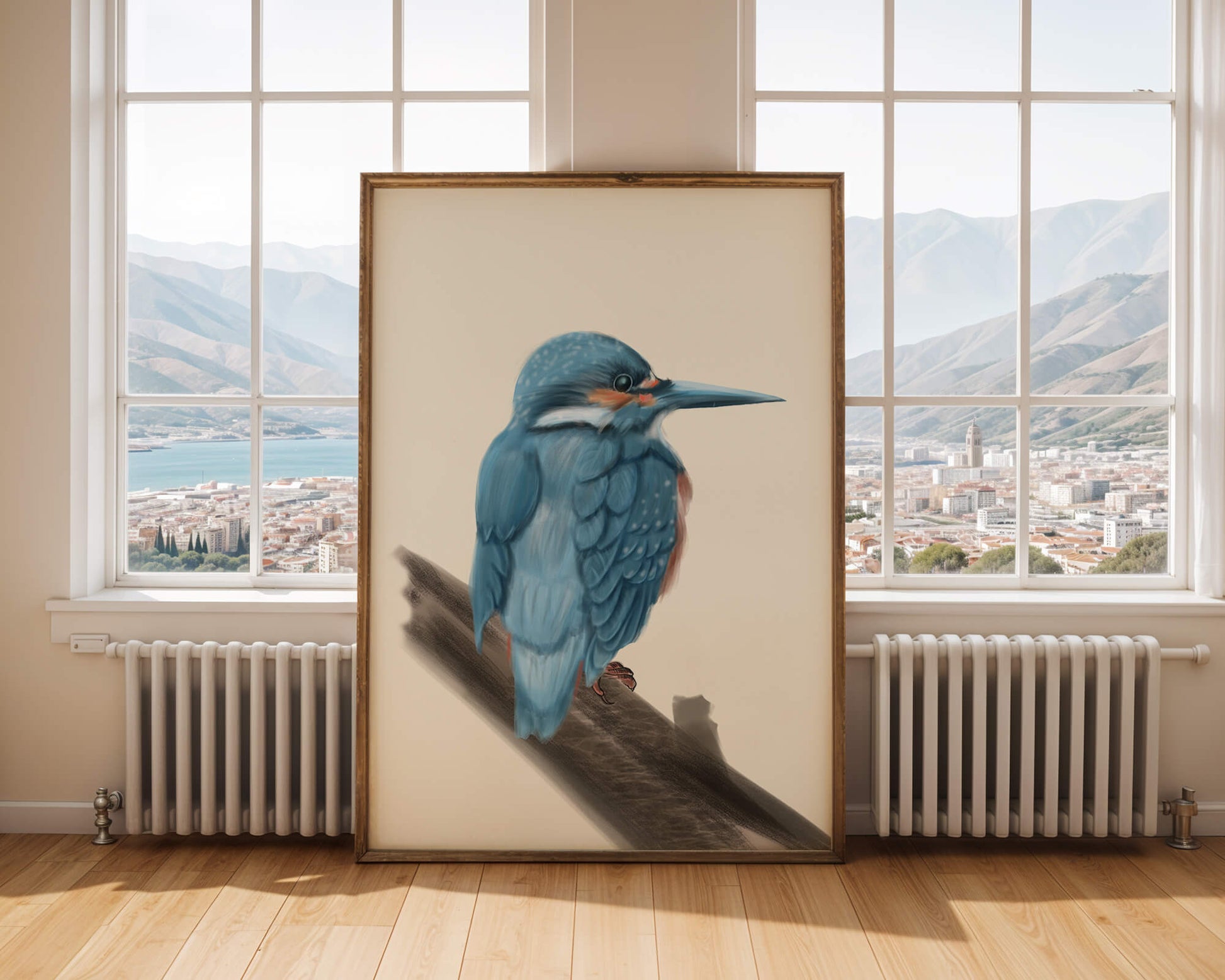 Illustration of a vibrant blue bird on a branch