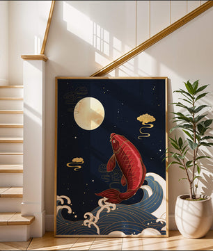 Ilustración artística de peces koi saltando sobre las olas bajo la luz de la luna