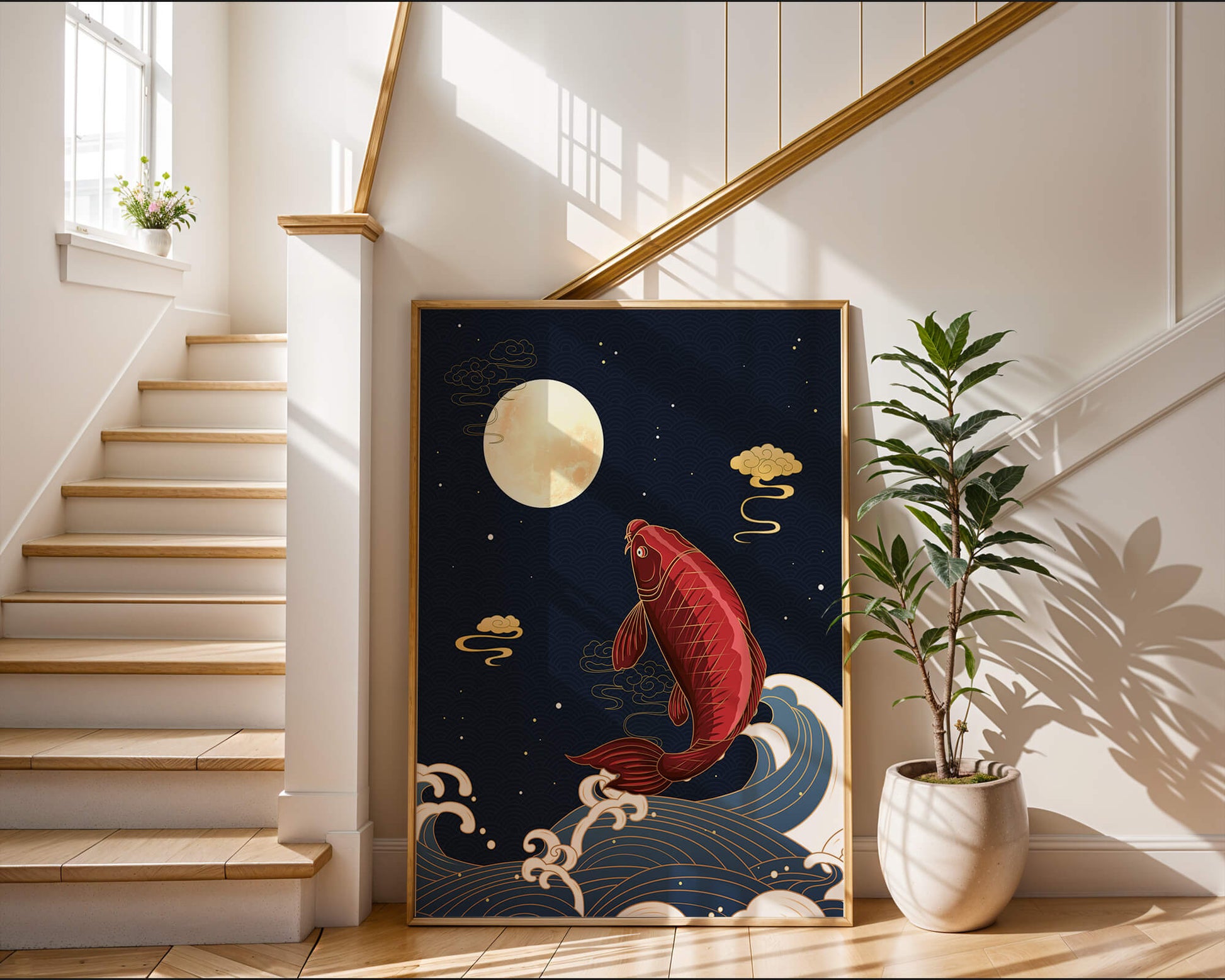 Artistic illustration of koi fish jumping over waves under moonlight