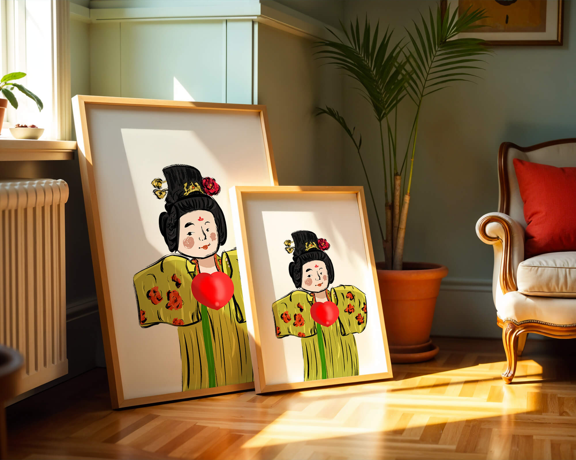 Illustration of a traditional figure in vibrant attire with a heart symbol