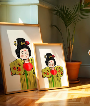 Ilustración de una figura tradicional con atuendo vibrante y un símbolo de corazón