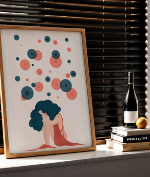 Abstract Illustration of a Woman with Curly Blue Hair Surrounded by Colorful Circles - Mi tienda