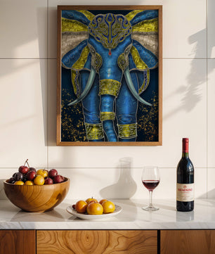 Blue and gold ornate elephant with intricate patterns