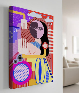 Abstrakte geometrische Kunst mit einer weiblichen Figur in leuchtenden Farben