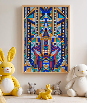 Arte tribal abstracto geométrico con patrones simétricos en azul y naranja