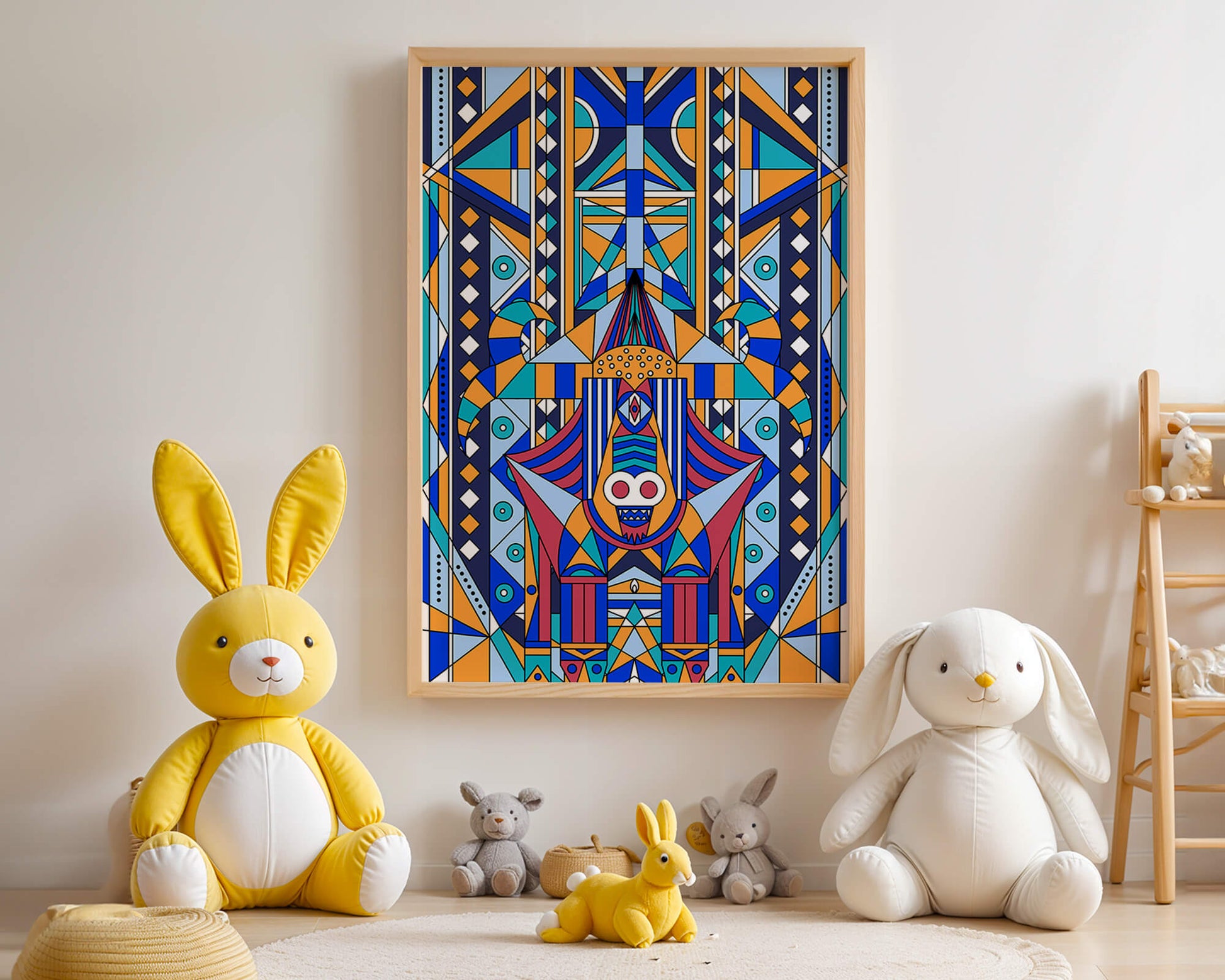 Arte tribal abstracto geométrico con patrones simétricos en azul y naranja