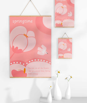 Springtime illustration with flowers and bird on pink background