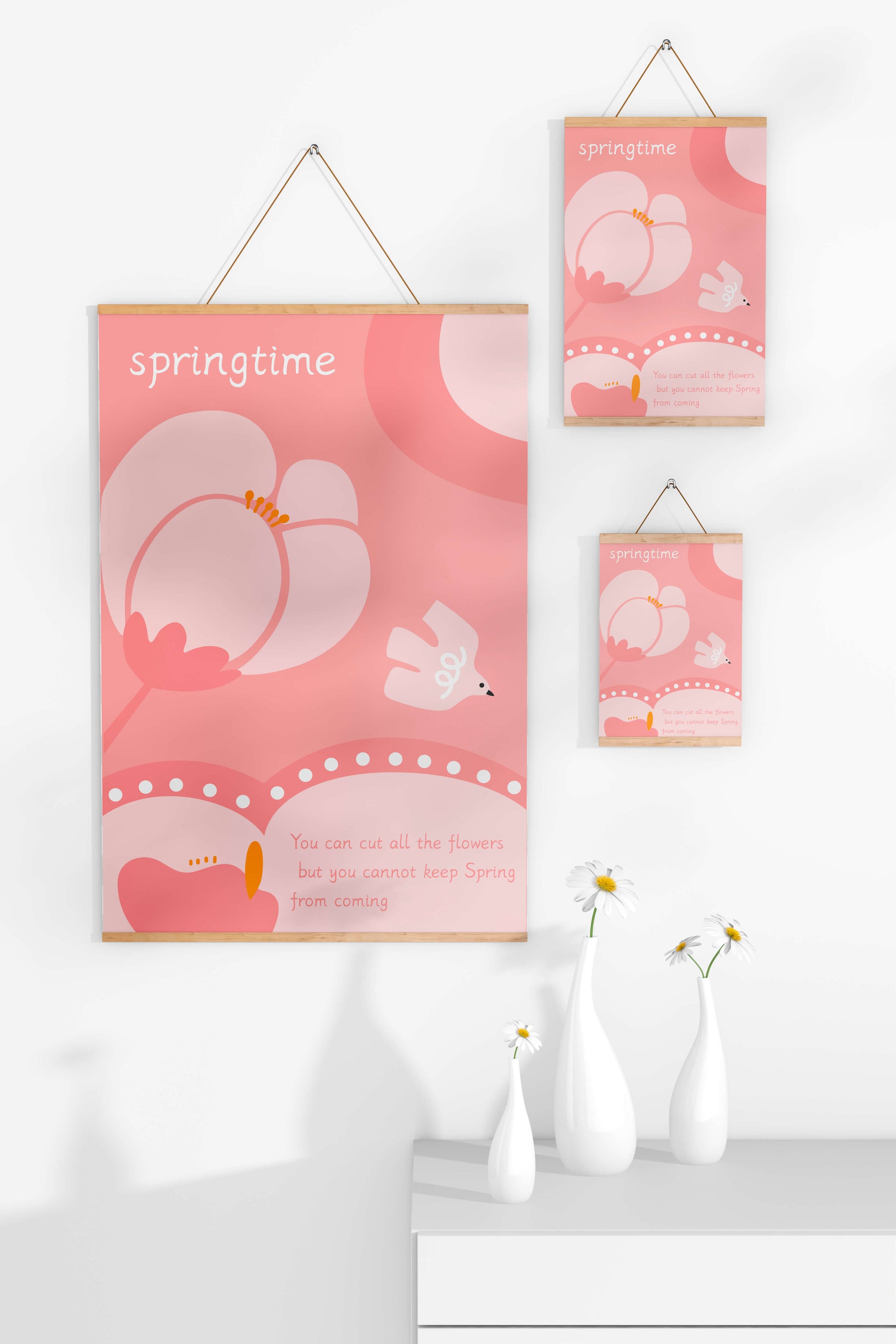 Springtime illustration with flowers and bird on pink background