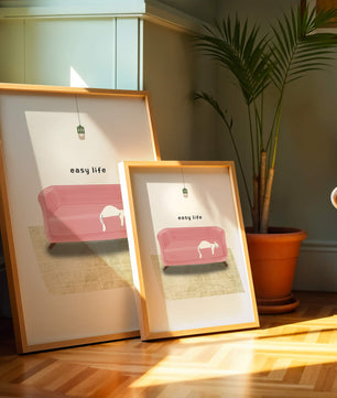 Minimalist Interior with Pink Sofa and Relaxed White Cat