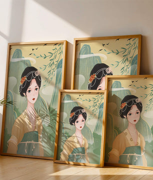 Traditional Asian Art Featuring Woman with Jewel Embellishments